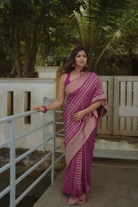 Magenta Pink Zari Stripe Banarasi Soft Silk Saree with Kanjivaram-Style Rich Pallu  in Surat