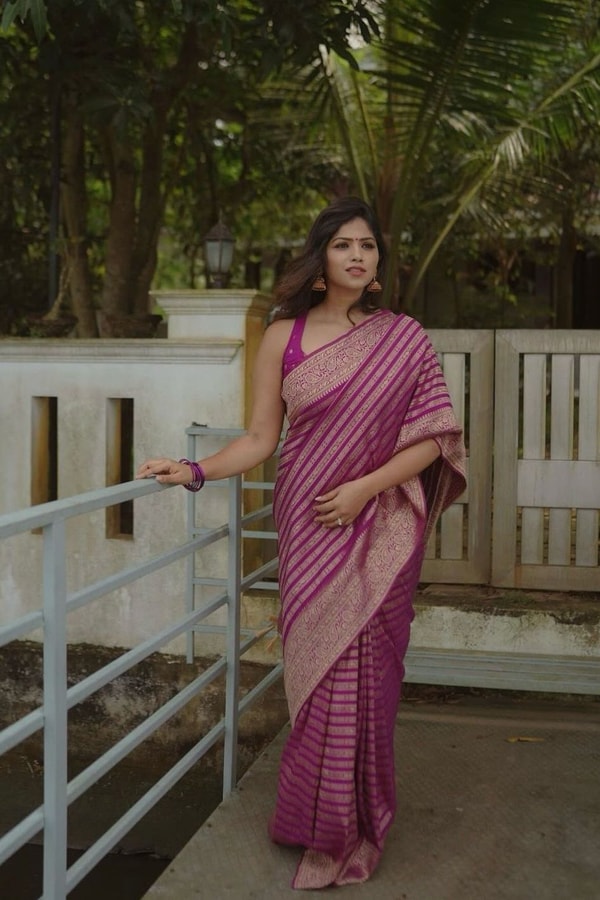 Magenta Pink Zari Stripe Banarasi Soft Silk Saree with Kanjivaram-Style Rich Pallu  in Surat
