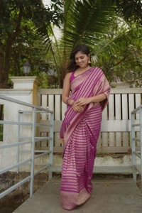 Magenta Pink Zari Stripe Banarasi Soft Silk Saree with Kanjivaram-Style Rich Pallu  in Surat