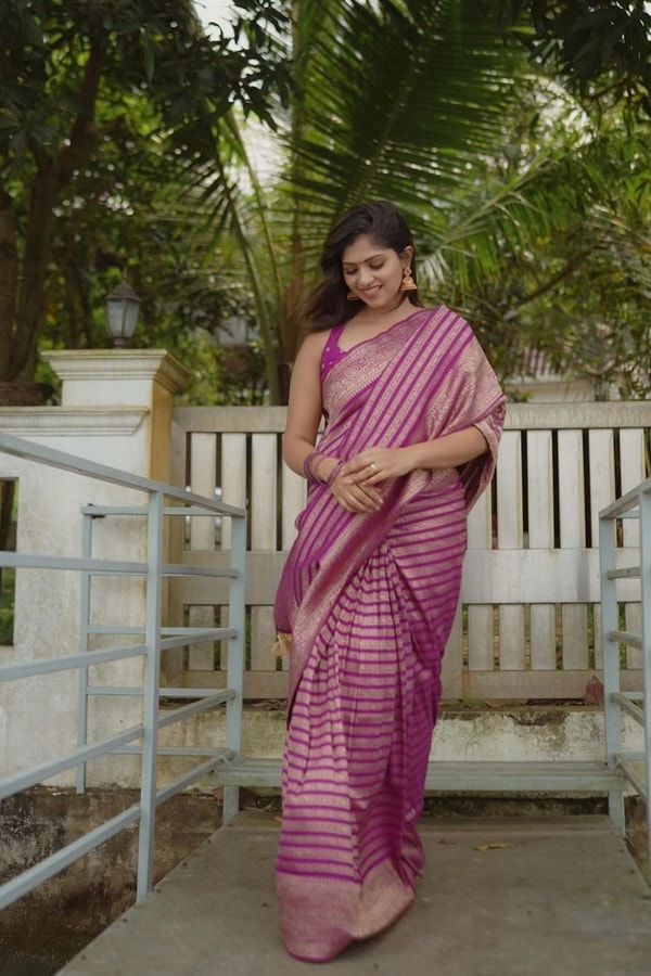 Magenta Pink Zari Stripe Banarasi Soft Silk Saree with Kanjivaram-Style Rich Pallu  in Surat