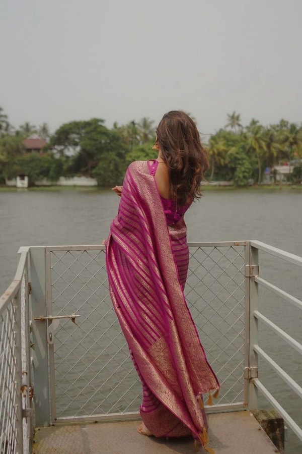 Magenta Pink Zari Stripe Banarasi Soft Silk Saree with Kanjivaram-Style Rich Pallu  in Surat