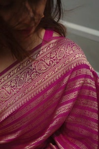Magenta Pink Zari Stripe Banarasi Soft Silk Saree with Kanjivaram-Style Rich Pallu  in Surat