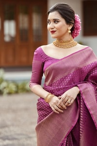 Magenta Plum Banarasi Soft Silk Saree with Fine Copper Zari Weave and Rich Copper Pallu  in Surat