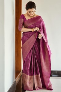 Magenta Plum Banarasi Soft Silk Saree with Fine Copper Zari Weave and Rich Copper Pallu  in Surat
