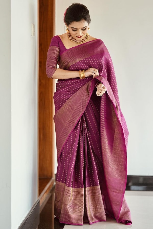 Magenta Plum Banarasi Soft Silk Saree with Fine Copper Zari Weave and Rich Copper Pallu  in Surat