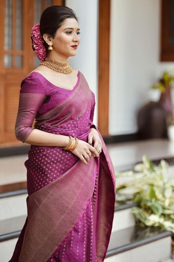 Magenta Plum Banarasi Soft Silk Saree with Fine Copper Zari Weave and Rich Copper Pallu  in Surat