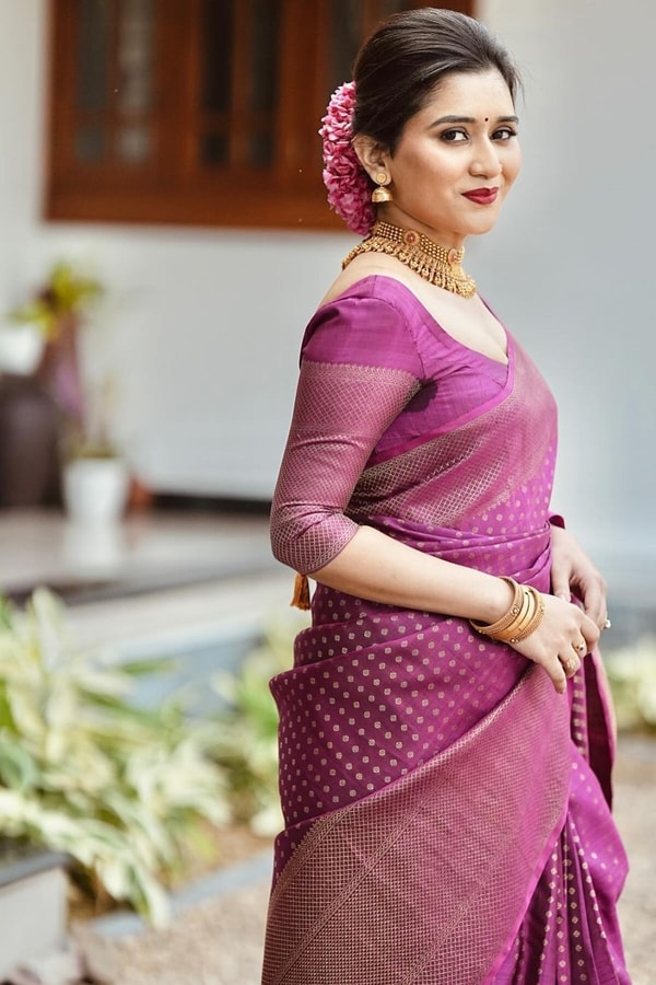 Magenta Plum Banarasi Soft Silk Saree with Fine Copper Zari Weave and Rich Copper Pallu  in Surat