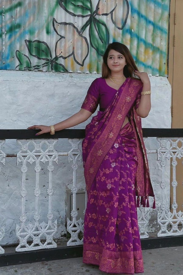 Magenta Purple Banarasi Soft Silk Saree with All-Over Copper Zari Floral Weaving  in Surat