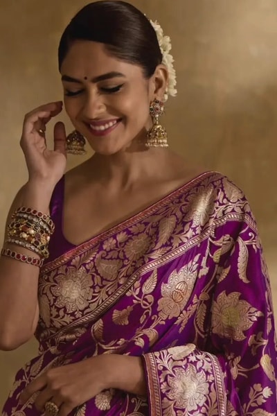 Magenta Purple Banarasi Soft Silk Saree with All-Over Gold Floral Jaal and Zari Border in Surat