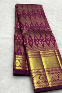 Magenta Purple Banarasi Soft Silk Saree with Gold Zari Diamond Weave and Temple Border  in Surat