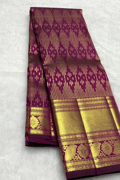 Magenta Purple Banarasi Soft Silk Saree with Gold Zari Diamond Weave and Temple Border in Surat