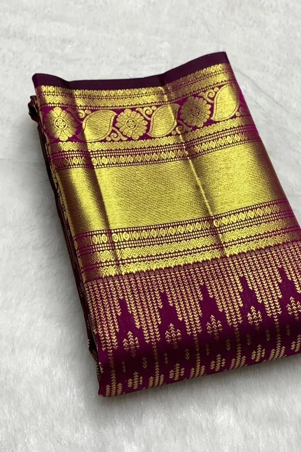 Magenta Purple Banarasi Soft Silk Saree with Gold Zari Diamond Weave and Temple Border  in Surat