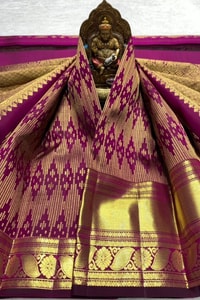 Magenta Purple Banarasi Soft Silk Saree with Gold Zari Diamond Weave and Temple Border  in Surat
