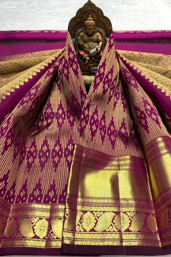 Magenta Purple Banarasi Soft Silk Saree with Gold Zari Diamond Weave and Temple Border  in Surat