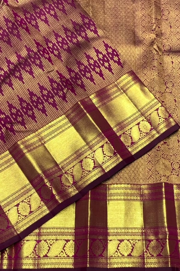 Magenta Purple Banarasi Soft Silk Saree with Gold Zari Diamond Weave and Temple Border  in Surat