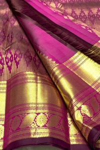Magenta Purple Banarasi Soft Silk Saree with Gold Zari Diamond Weave and Temple Border  in Surat