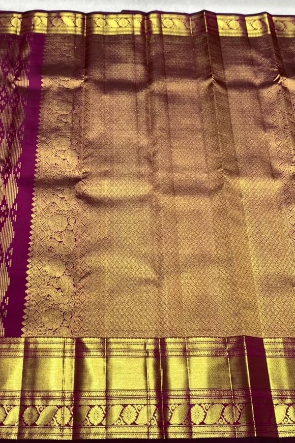 Magenta Purple Banarasi Soft Silk Saree with Gold Zari Diamond Weave and Temple Border  in Surat
