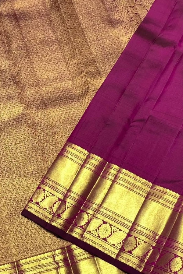 Magenta Purple Banarasi Soft Silk Saree with Gold Zari Diamond Weave and Temple Border  in Surat