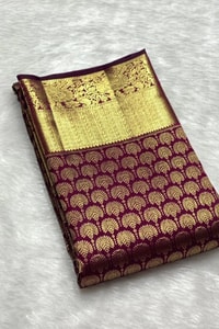 Magenta Wine Banarasi Soft Silk Saree with Scallop Zari Brocade and Broad Gold Border  in Surat