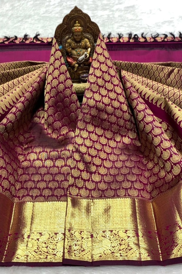 Magenta Wine Banarasi Soft Silk Saree with Scallop Zari Brocade and Broad Gold Border  in Surat
