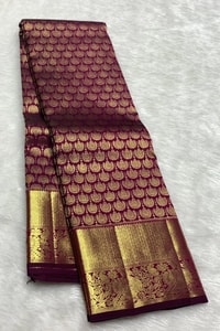 Magenta Wine Banarasi Soft Silk Saree with Scallop Zari Brocade and Broad Gold Border  in Surat