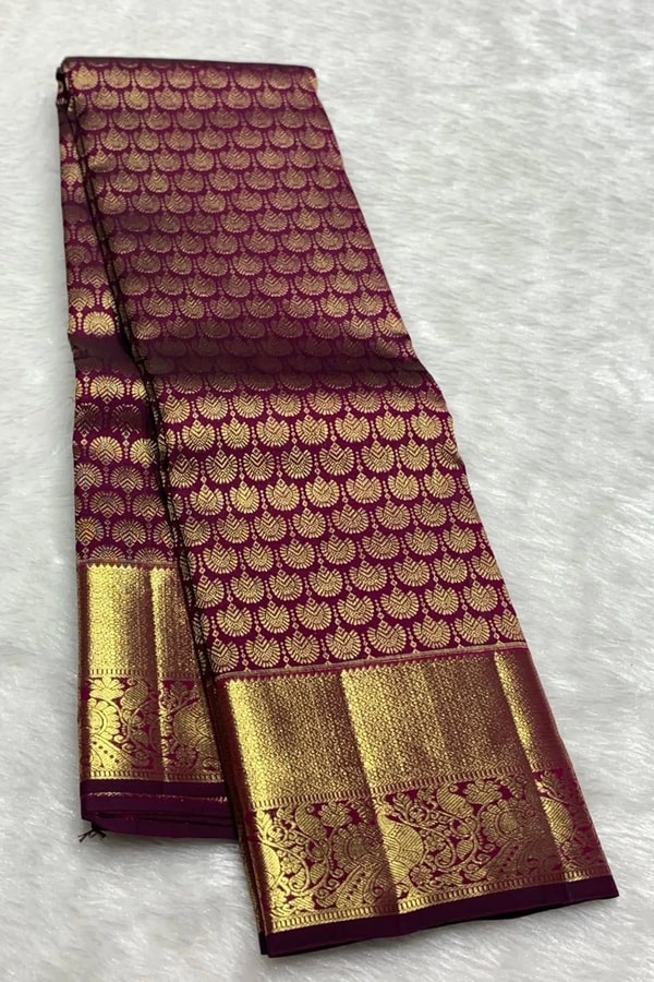 Magenta Wine Banarasi Soft Silk Saree with Scallop Zari Brocade and Broad Gold Border  in Surat