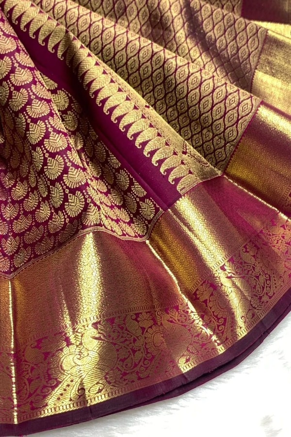 Magenta Wine Banarasi Soft Silk Saree with Scallop Zari Brocade and Broad Gold Border  in Surat