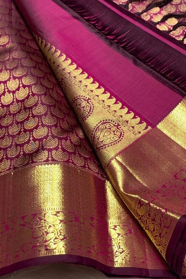 Magenta Wine Banarasi Soft Silk Saree with Scallop Zari Brocade and Broad Gold Border  in Surat