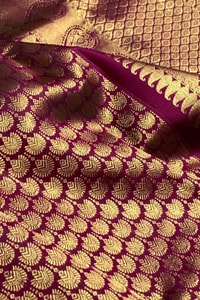 Magenta Wine Banarasi Soft Silk Saree with Scallop Zari Brocade and Broad Gold Border  in Surat