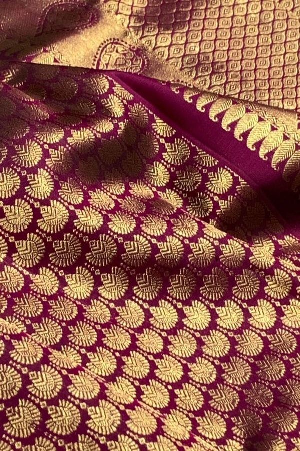Magenta Wine Banarasi Soft Silk Saree with Scallop Zari Brocade and Broad Gold Border  in Surat