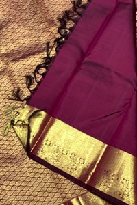Magenta Wine Banarasi Soft Silk Saree with Scallop Zari Brocade and Broad Gold Border  in Surat