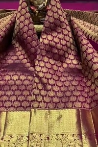 Magenta Wine Banarasi Soft Silk Saree with Scallop Zari Brocade and Broad Gold Border  in Surat video 1