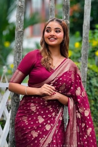 Magenta Wine Banarasi Soft Silk Saree with Scattered Gold Zari Floral Buttas  in Surat