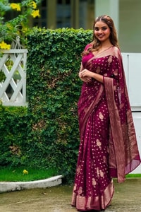 Magenta Wine Banarasi Soft Silk Saree with Scattered Gold Zari Floral Buttas  in Surat