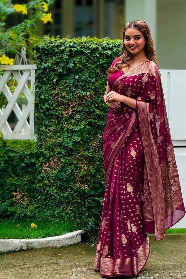 Magenta Wine Banarasi Soft Silk Saree with Scattered Gold Zari Floral Buttas  in Surat