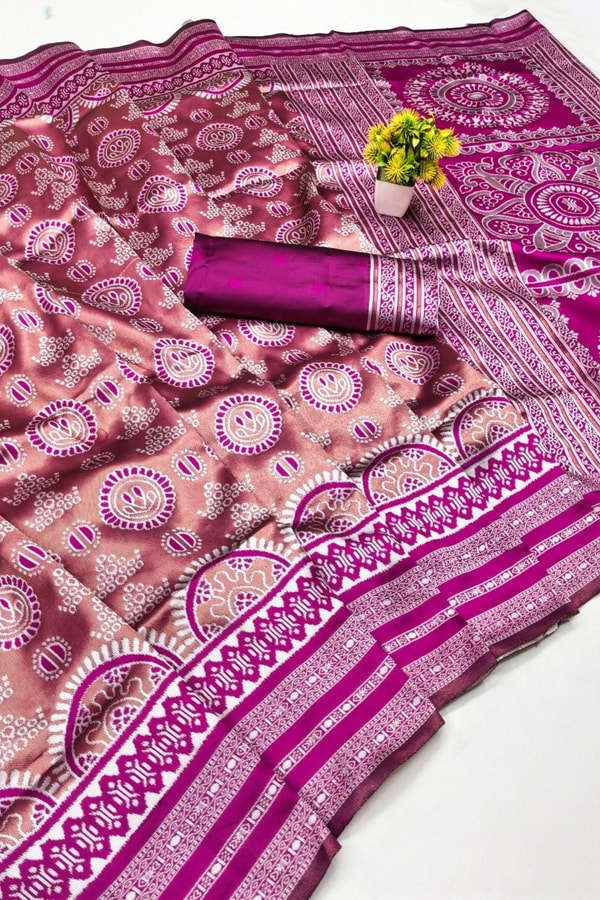 Mandala Motif Banarasi Soft Silk Saree with Striped Zari Border in Six Shades  in Surat