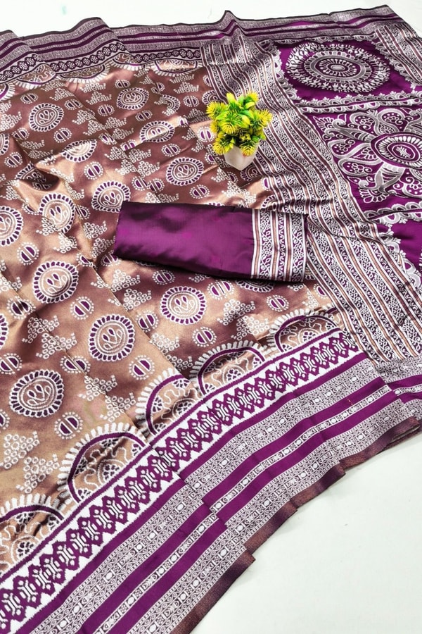 Mandala Motif Banarasi Soft Silk Saree with Striped Zari Border in Six Shades  in Surat
