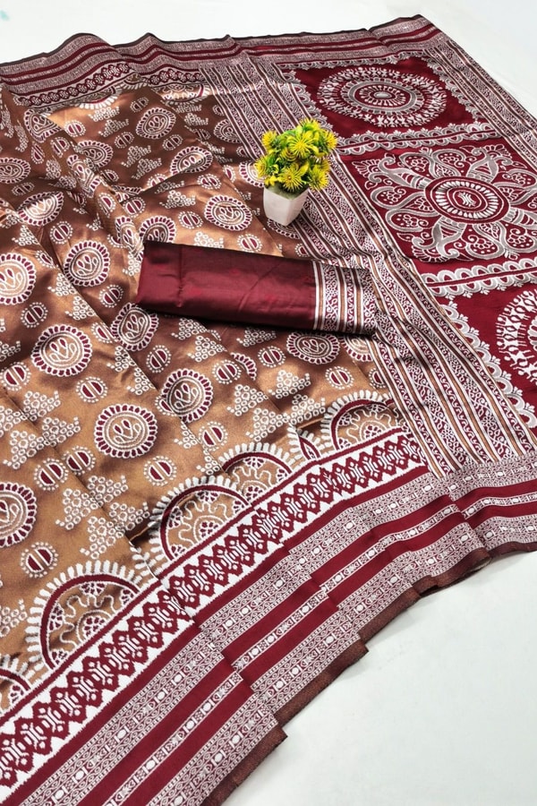 Mandala Motif Banarasi Soft Silk Saree with Striped Zari Border in Six Shades  in Surat