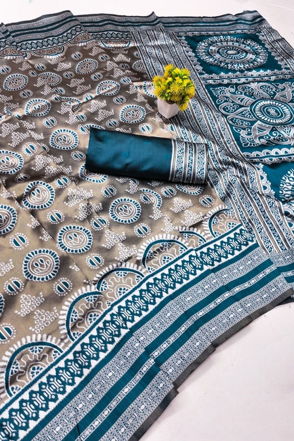 Mandala Motif Banarasi Soft Silk Saree with Striped Zari Border in Six Shades  in Surat