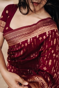 Maroon Banarasi Soft Silk Saree with Dense All-Over Gold Zari Motifs and Zari Border  in Surat