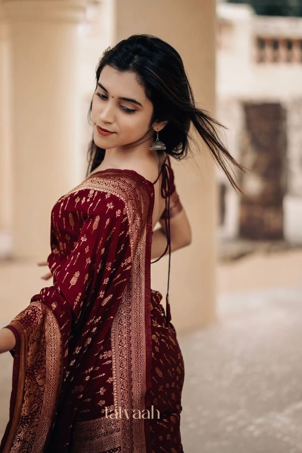 Maroon Banarasi Soft Silk Saree with Dense All-Over Gold Zari Motifs and Zari Border  in Surat