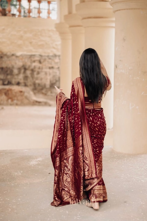 Maroon Banarasi Soft Silk Saree with Dense All-Over Gold Zari Motifs and Zari Border  in Surat
