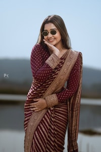 Maroon Banarasi Soft Silk Saree with Diagonal Zari Stripes and Beige Gold Brocade Pallu  in Surat