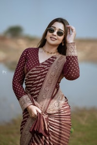 Maroon Banarasi Soft Silk Saree with Diagonal Zari Stripes and Beige Gold Brocade Pallu  in Surat