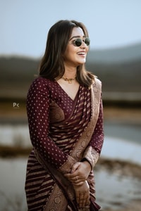 Maroon Banarasi Soft Silk Saree with Diagonal Zari Stripes and Beige Gold Brocade Pallu  in Surat