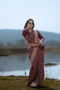 Maroon Banarasi Soft Silk Saree with Diagonal Zari Stripes and Beige Gold Brocade Pallu  in Surat
