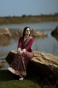 Maroon Banarasi Soft Silk Saree with Diagonal Zari Stripes and Beige Gold Brocade Pallu  in Surat