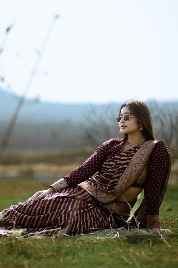 Maroon Banarasi Soft Silk Saree with Diagonal Zari Stripes and Beige Gold Brocade Pallu  in Surat