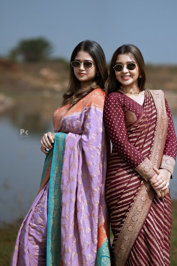 Maroon Banarasi Soft Silk Saree with Diagonal Zari Stripes and Beige Gold Brocade Pallu  in Surat