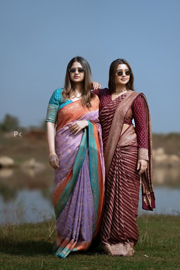 Maroon Banarasi Soft Silk Saree with Diagonal Zari Stripes and Beige Gold Brocade Pallu  in Surat
